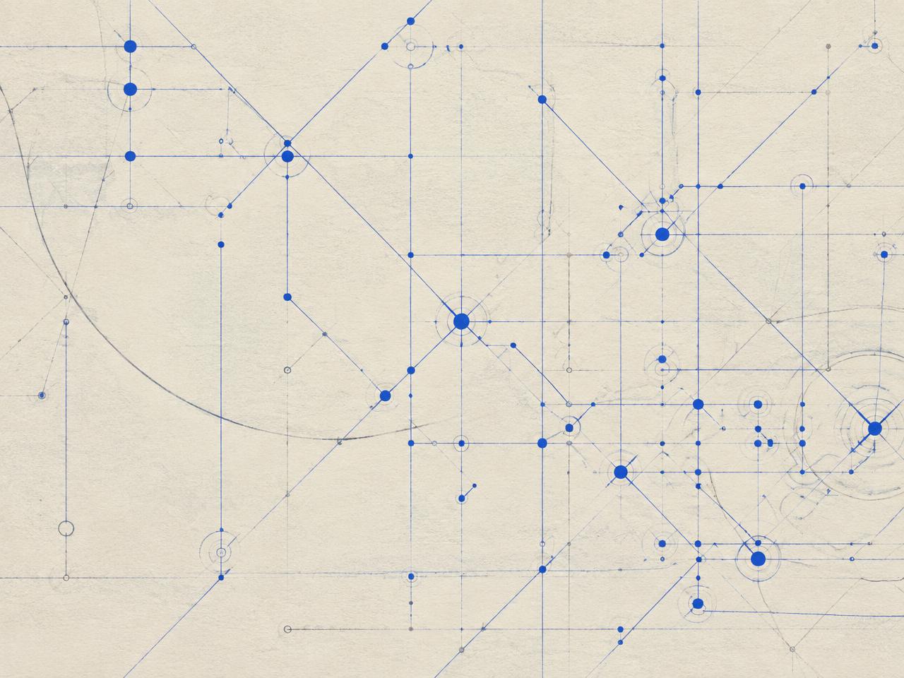 Abstract cobalt network diagram drawn across warm ivory paper