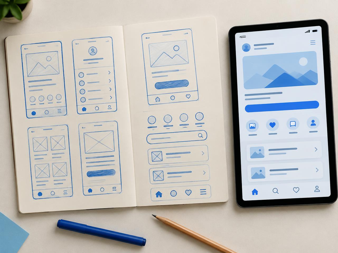 Notebook with wireframe sketches next to a tablet showing an app layout