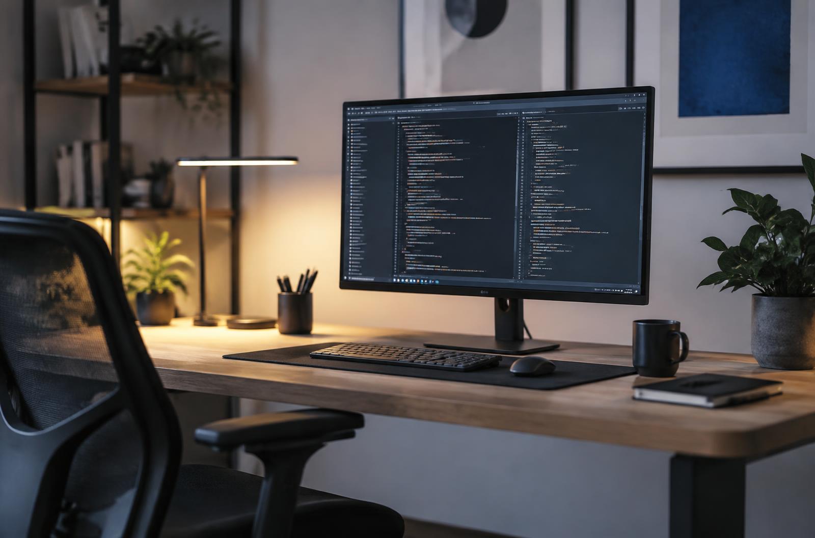 Developer workstation with a monitor displaying source code